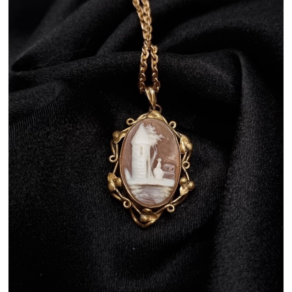 Rare Find Antique Victorian Gold-Plated Cameo Necklace With Intricate Tower & La